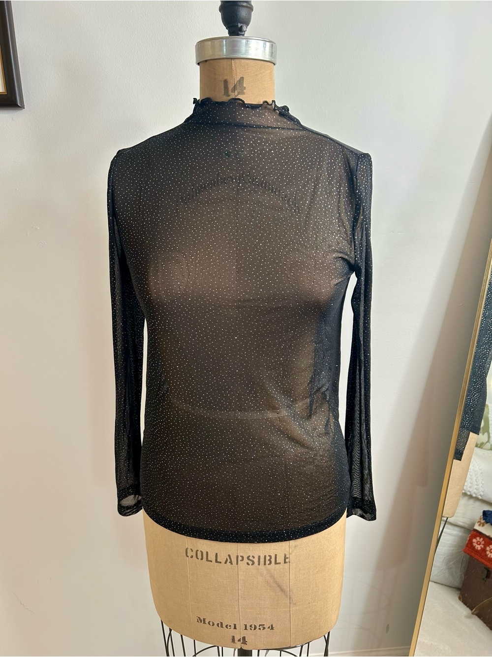 LOFT Sheer Mesh Black Long-Sleeve Sparkle Top Sz M NWT